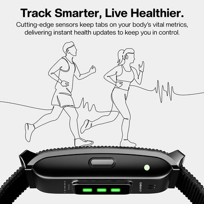 Smart Health and Fitness tracker on a white background, featuring text about health monitoring.