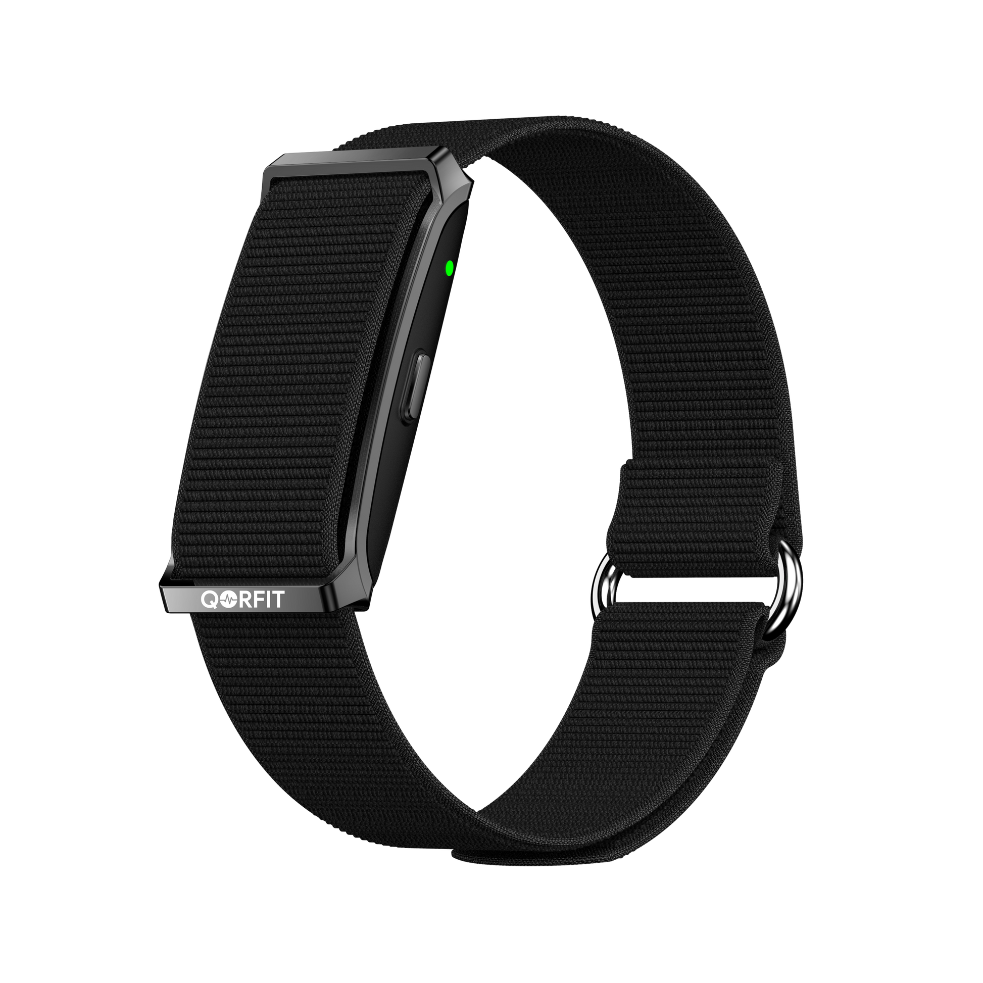 Black Qorfit Pulse Smart Health Tracker with a visible brand logo on a white background