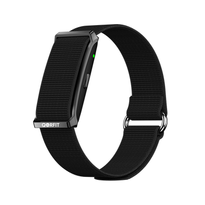 Black Qorfit Pulse Smart Health Tracker with a visible brand logo on a white background