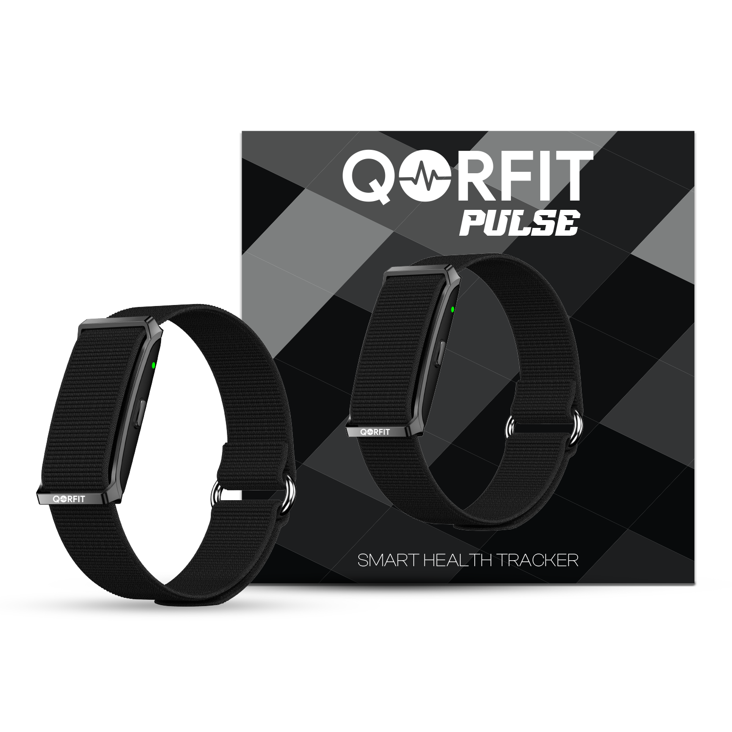 Black Qorfit Pulse smart health tracker with packaging on a white background