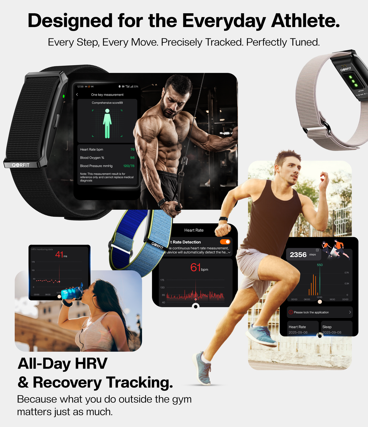 Collage of Qorfit fitness tracker in multiple colors and a person exercising with text about HRV and recovery tracking.