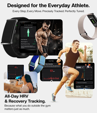 Collage of Qorfit fitness tracker in multiple colors and a person exercising with text about HRV and recovery tracking.